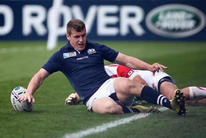 Mark Bennett touches down to score Scotland's second try, and his first of two, against Japan.