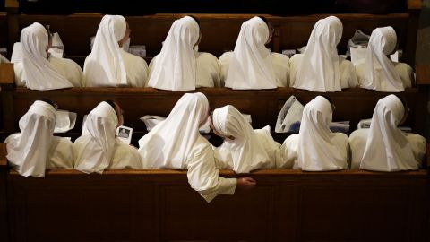 Nuns wait for Pope Francis to arrive inside the Basilica of the National Shrine of the Immaculate Conception.