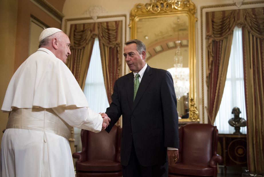 Boehner welcomes Pope Francis before his speech to Congress.
