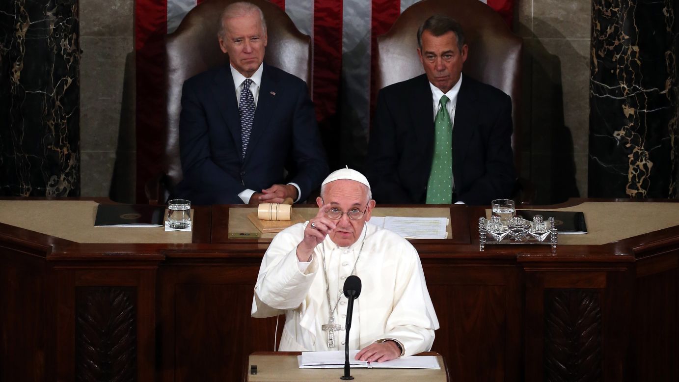 Pope Francis addresses a joint meeting of the U.S. Congress on September 24. Vice President Joe Biden and House Speaker John Boehner sit behind him in the House chamber.