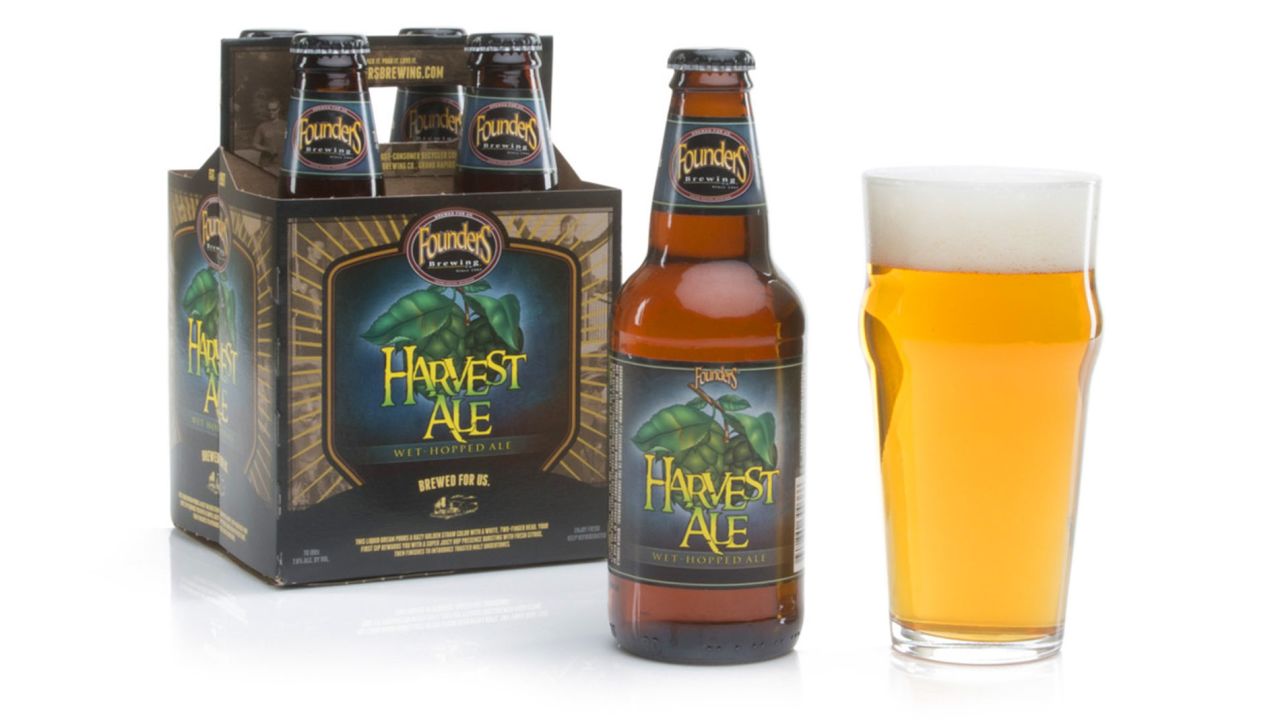 <strong>Founders Brewing</strong> of Michigan brews this <strong>Harvest Ale</strong>, which it describes as having "a super juicy hop presence bursting with fresh citrus ... (and) toasted malt undertones."