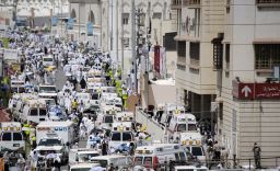 Saudi ambulances arrive with pilgrims who were injured in a stampede at an emergency hospital in Mina, near the holy city of Mecca, on the first day of Eid al-Adha on September 24, 2015. At least 310 people were killed and hundreds wounded during a stampede at the annual hajj in Saudi Arabia, in the second tragedy to strike the pilgrims this year. AFP PHOTO/MOHAMMED AL-SHAIKH        (Photo credit should read MOHAMMED AL-SHAIKH/AFP/Getty Images)