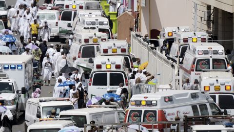Saudi ambulances arrive with pilgrims who were injured in a stampede at an emergency hospital in Mina, near the holy city of Mecca, on the first day of Eid al-Adha on September 24, 2015. At least 310 people were killed and hundreds wounded during a stampede at the annual hajj in Saudi Arabia, in the second tragedy to strike the pilgrims this year. AFP PHOTO/MOHAMMED AL-SHAIKH        (Photo credit should read MOHAMMED AL-SHAIKH/AFP/Getty Images)