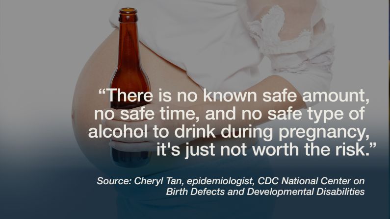 Pregnant women are <a href="http://www.cnn.com/2015/04/29/health/women-drinking-more/">imbibing</a> and it's not just <a href="http://www.cnn.com/2014/06/26/health/heavy-drinking-definition/">a few innocent sips</a>, according to a <a href="http://www.cdc.gov/mmwr/preview/mmwrhtml/mm6437a3.htm?s_cid=mm6437a3_e" target="_blank" target="_blank">new report from the </a>Centers for Disease Control and Prevention. The state-based, randomly dialed, telephone survey found one in 10 pregnant women reported they consumed at least one alcoholic drink within 30 days of being surveyed. One-third of those said they had at least one experience binge drinking, defined as consuming four or more drinks at a time, within the past 30 days. Cheryl Tan, the lead author of the new report and an epidemiologist with the CDC's National Center on Birth Defects and Developmental Disabilities, said this is surprising and scary. Alcohol use during pregnancy can lead to birth defects, developmental disabilities and pregnancy complications, including miscarriage, prematurity and still birth. "There is no safe amount, no safe time, no safe type of alcohol to drink during pregnancy. It's just not worth the risk," Tan said. -- Debra Goldschmidt