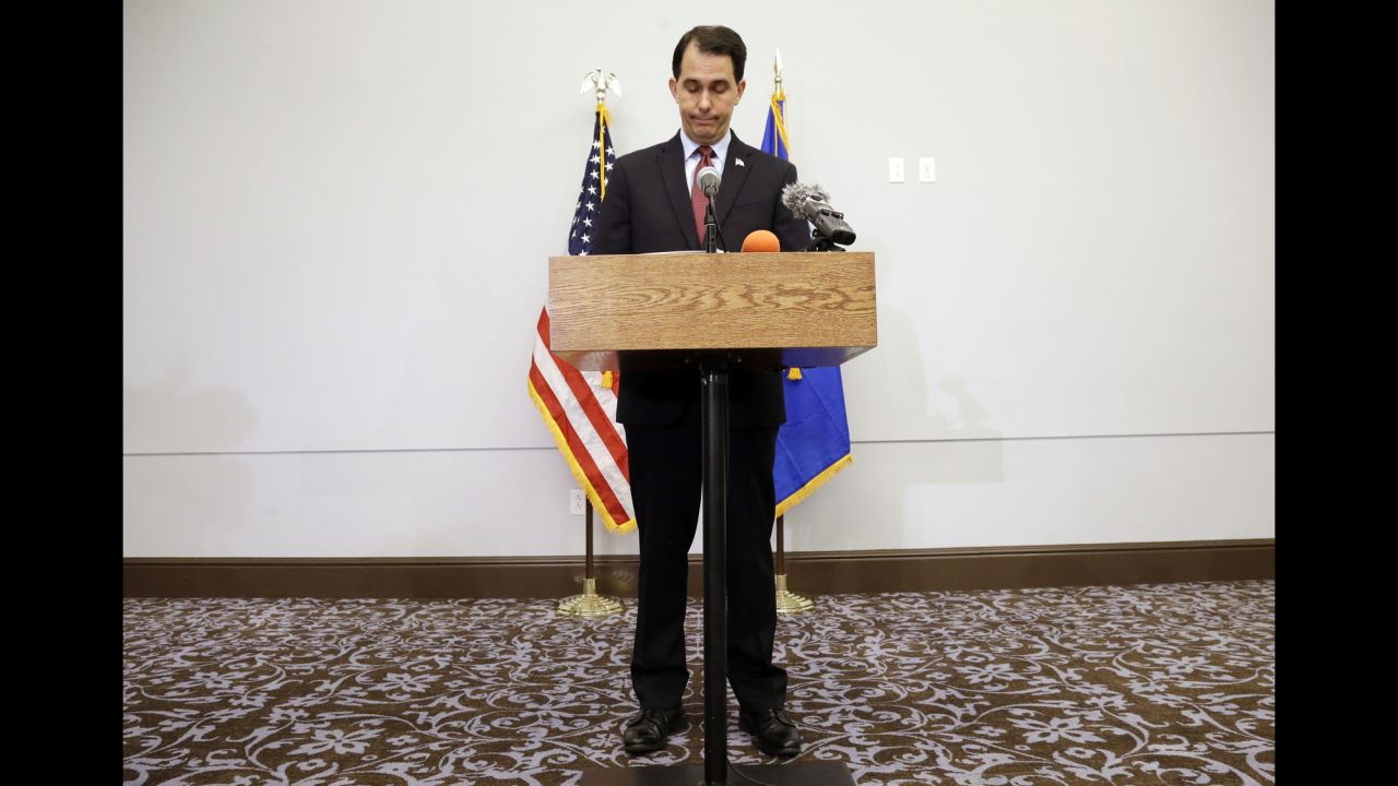 Wisconsin Gov. Scott Walker pauses Monday, September 21, as he announces <a href="http://www.cnn.com/2015/09/21/politics/scott-walker-drops-out-2016-election/" target="_blank">that he is suspending his presidential campaign.</a> The Republican entered the race in July as a front-runner in Iowa and a darling of both the conservative base and powerful donors. But that promising start was quickly dashed after poor debate performances dried up support.