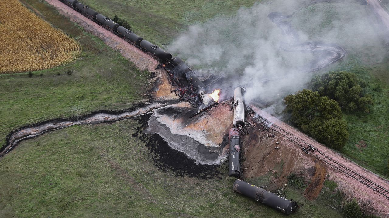Smoke rises from a burning ethanol tanker after a train derailed in rural South Dakota on Saturday, September 19. Officials didn't immediately know what caused the derailment. 