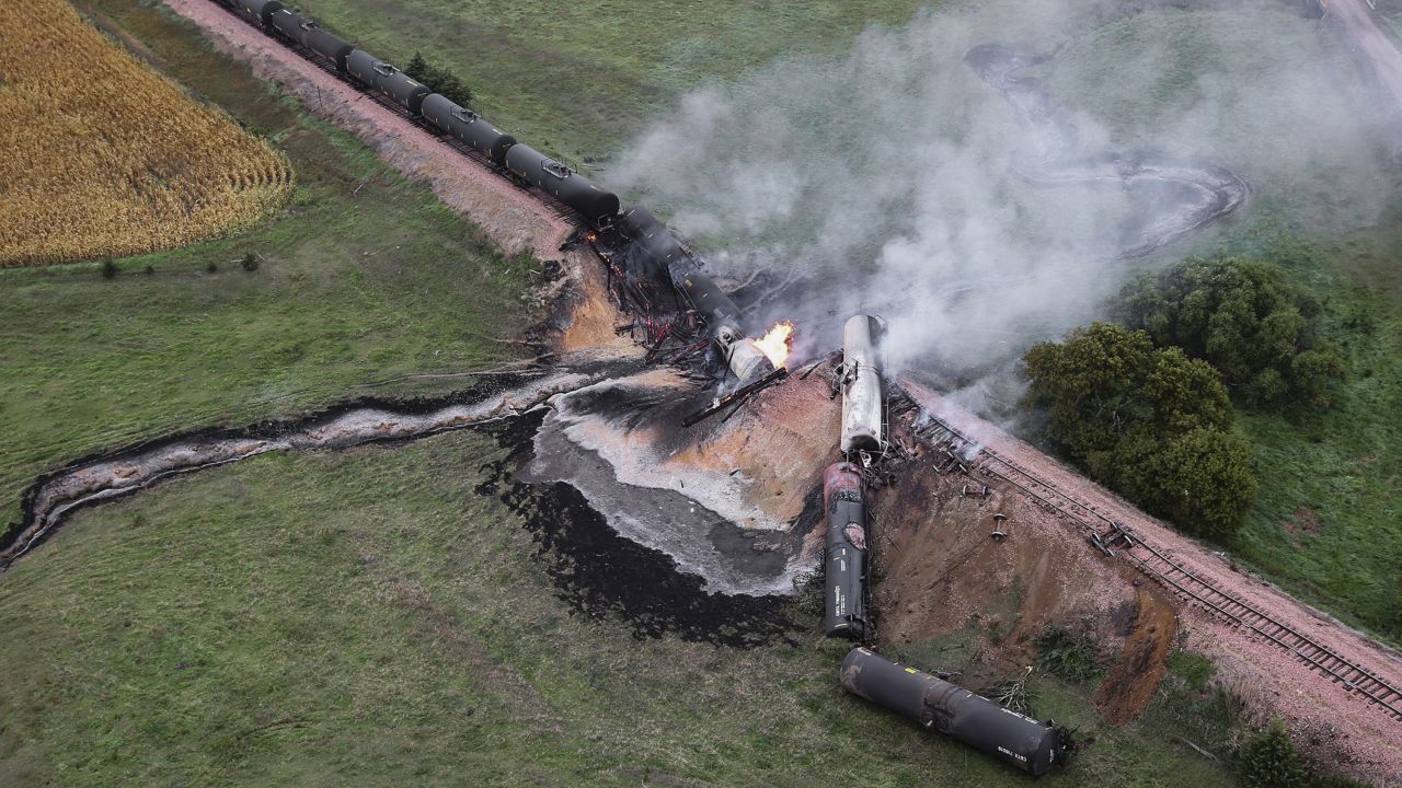 Smoke rises from a burning ethanol tanker after a train derailed in rural South Dakota on Saturday, September 19. Officials didn't immediately know what caused the derailment.
