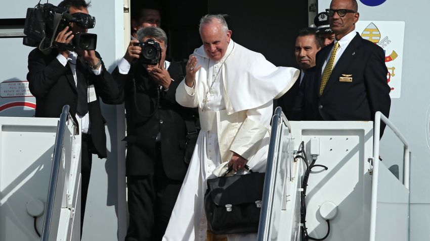 JOINT BASE ANDREWS, MD - SEPTEMBER 24: Pope Francis departs from Washington, DC en route to New York City on September 24, 2015 in Joint Base Andrews, Maryland.The Pope is on a six-day trip to the U.S., with stops in Washington, New York City and Philadelphia. (Photo by Patrick Smith/Getty Images)