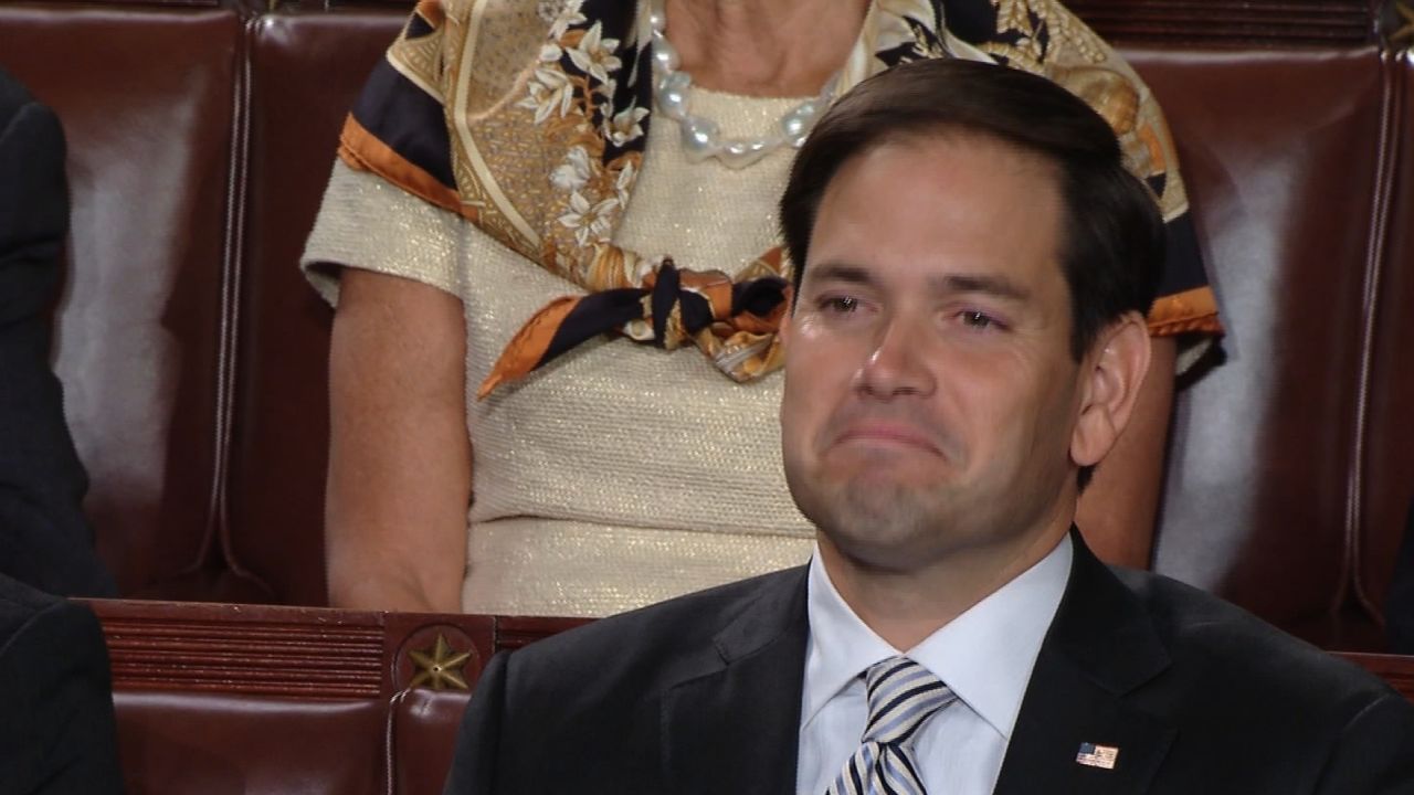 U.S. Sen. Marco Rubio, R-Florida, tears up after hearing the Pope talk about immigration. The presidential candidate was attending a joint session of Congress on Thursday.