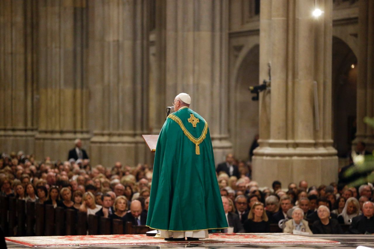 Pope Francis speaks during evening prayer service at St. Patrick's Cathedral in New York, on Thursday, September 24. The Pope <a href="http://www.cnn.com/2015/09/22/us/gallery/pope-francis-visits-united-states/index.html" target="_blank">traveled to the United States</a> after <a href="http://www.cnn.com/2015/09/19/americas/gallery/pope-francis-cuba-visit/index.html" target="_blank">several days in Cuba.</a>