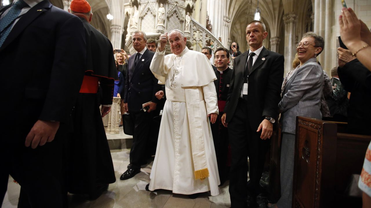 Francis gives a thumbs-up after leading an evening prayer service Thursday, September 24, at St. Patrick's Cathedral in New York.