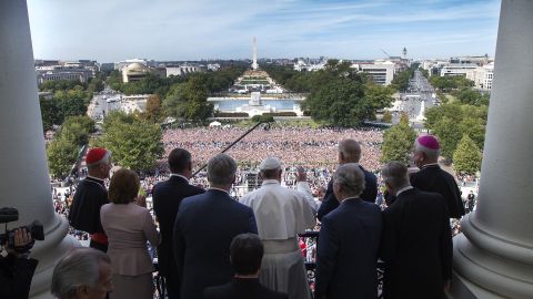 Members of Congress accompany Pope Francis on the Speaker's Balcony on Capitol Hill on September 24.