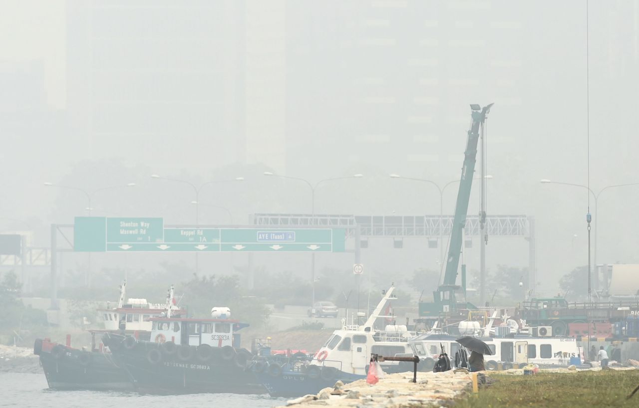 Buildings along Singapore's Shenton Way business district are obscured by thick smog on September 24.