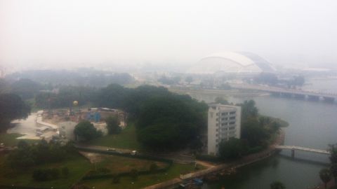 The hazy view of Singapore from the balcony of local resident Iain Craig.