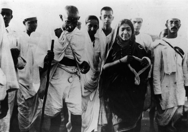 Gandhi takes part in the 1930 Salt March, which protested the British government's monopoly on salt production.