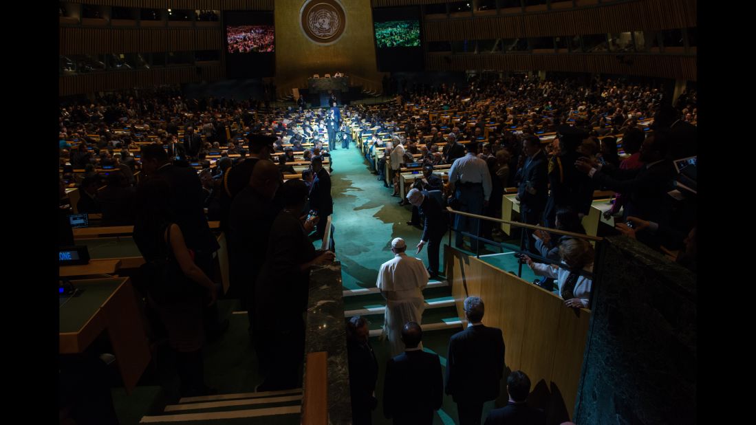 The Pope arrives at the U.N. General Assembly to give his speech.