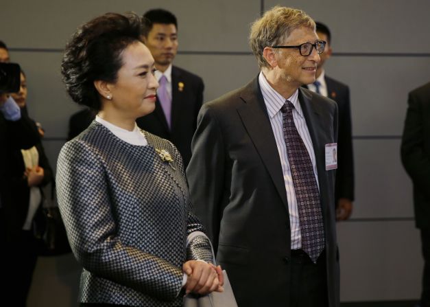 Peng stands with Microsoft founder Bill Gates during a tour of the company's main campus in Redmond, Washington, on September 23.