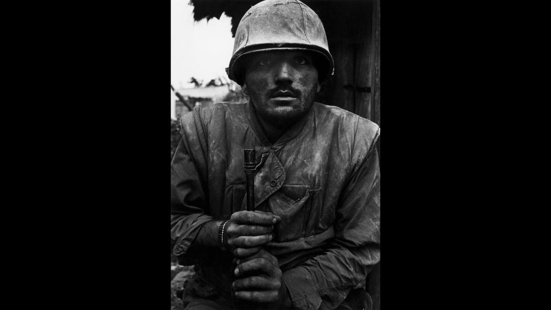 A shell-shocked U.S. soldier awaits transportation away from the front lines in South Vietnam during the Tet Offensive in 1968.