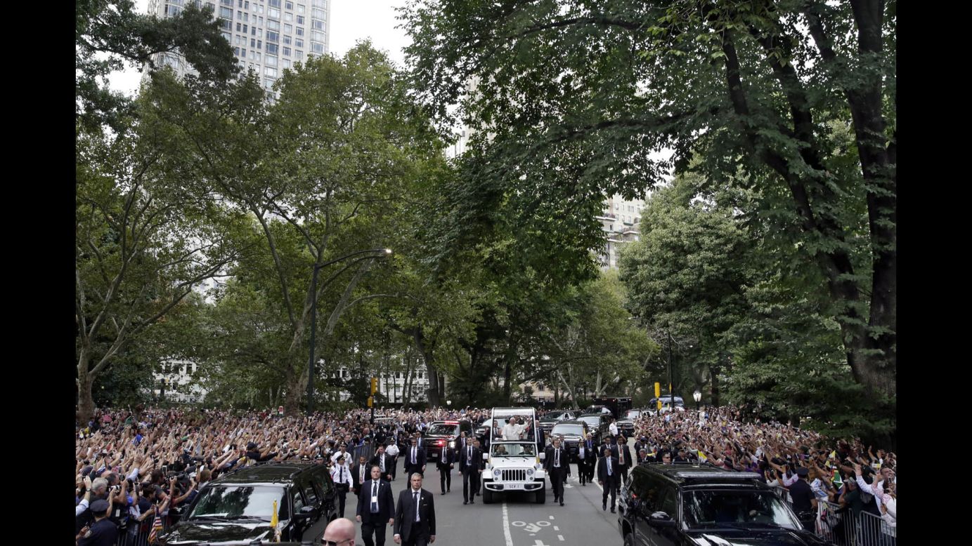 Pope Francis rides through New York's Central Park on September 25. Francis addressed the U.N. General Assembly and will head to Philadelphia this weekend for the World Meeting of Families, a large Catholic event expected to draw nearly 1 million pilgrims.