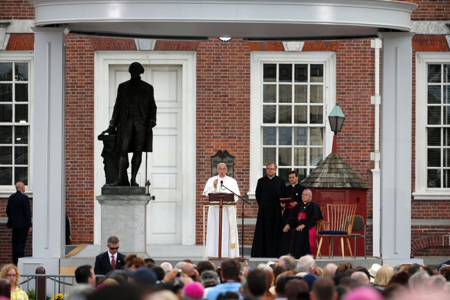 Pope Francis speaks in front of Independence Hall, from the lectern used by President Abraham Lincoln during the Gettysburg Address, on Saturday, September 26, in Philadelphia. 