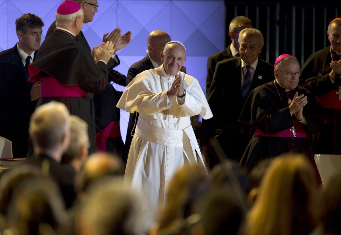 Pope Francis takes the stage at the Festival of Families on September 26 in Philadelphia.