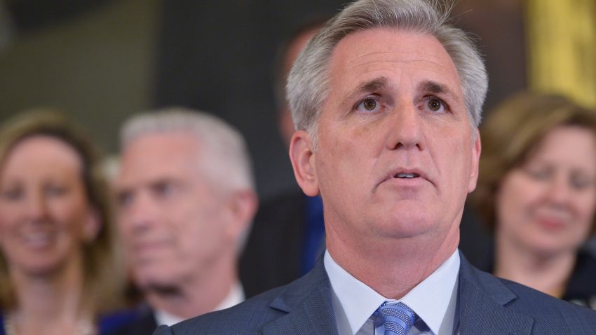 House Majority Leader Kevin McCarthy, R-CA, speaks during an event to urge US President Barack Obama to sign the  Keystone XL legislation on February 11, 2015 in the Rayburn Room of the US Capitol in Washington, DC.