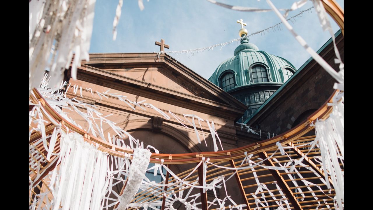 The Knotted Grotto, outside the Basilica of Saints Peter and Paul, was a community art piece, led by artist Meg Saligman, that incorporated prayers written on strips of fabric.