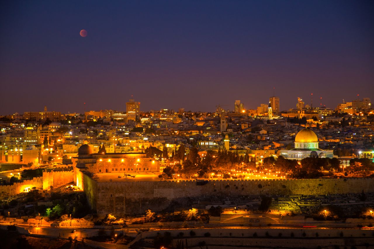 The supermoon eclipse is shown over Jerusalem.
