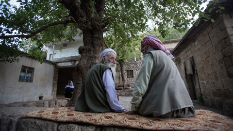Two older Yazidi men talk under a tree.