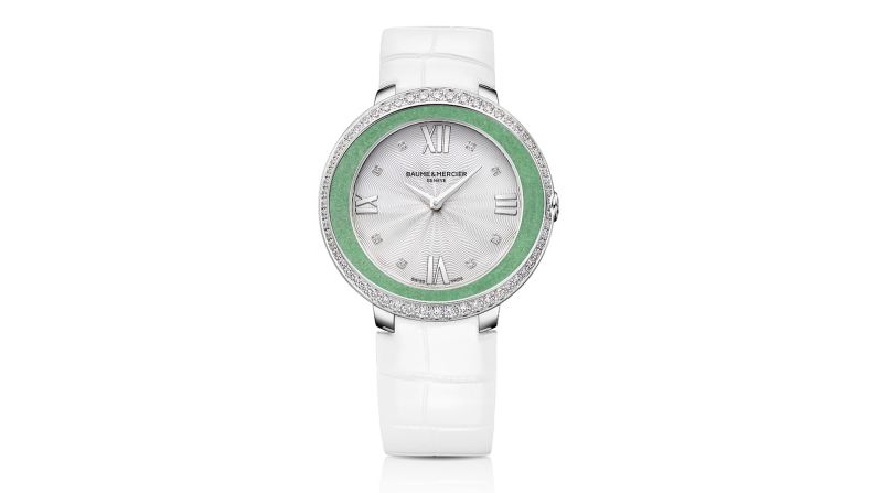 The hour markers are distinguished by Roman numerals and diamonds, and the watch itself finished with a white alligator strap. There are only 8 Promesse Jade watches available.