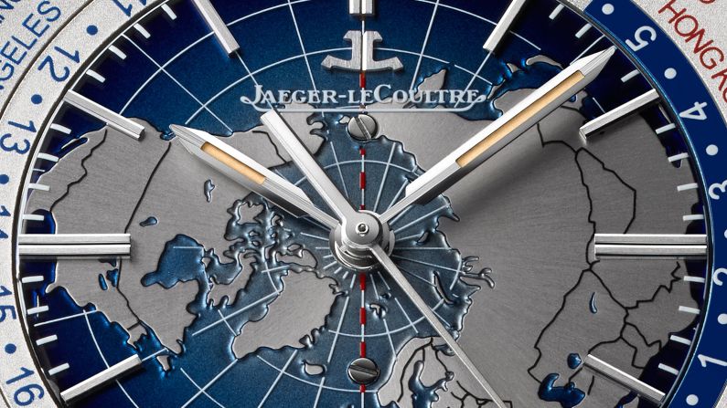 The Geophysic Universal Time features a world map on the face, and is colored with lacquered shades of blue while the continents are engraved into the watch face. 