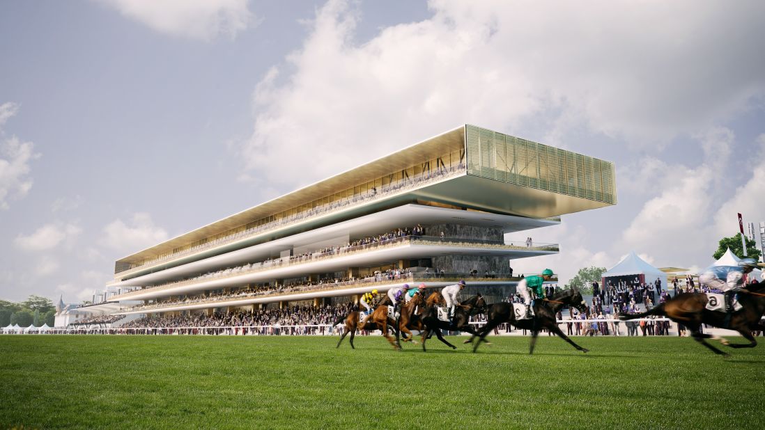 Paris' Longchamp racecourse hosts one of the world's most famous horse races -- the Prix de l'Arc de Triomphe. The site currently houses two huge grandstands -- side by side -- built in the 1960s. This computer-generated image (and the ones which follow) show how the new design will transform the site when completed. 