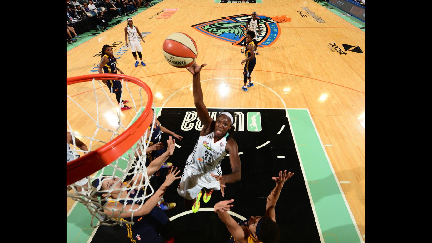New York's Tina Charles goes up for a layup against Indiana during the WNBA's Eastern Conference Finals on Wednesday, September 23. 