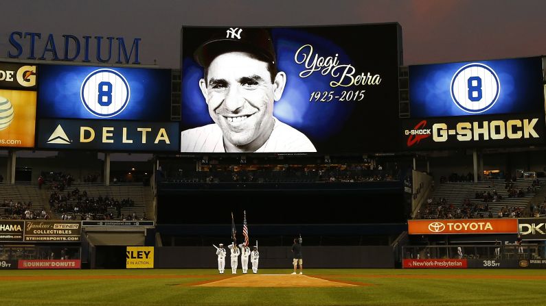 A moment of silence is held at New York's Yankee Stadium for late baseball great Yogi Berra on Thursday, September 24. <a href="index.php?page=&url=http%3A%2F%2Fwww.cnn.com%2F2015%2F09%2F23%2Fus%2Fyogi-berra-death%2Findex.html" target="_blank">Berra died last week</a> at the age of 90.