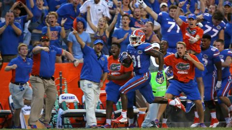 Florida wide receiver Antonio Callaway runs down the sideline to score what proved to be the game-winning touchdown against Tennessee on Saturday, September 26. The <a href="http://bleacherreport.com/articles/2572483-florida-scores-gw-td-against-tennessee-in-final-minute-on-clutch-4th-and-14-play" target="_blank" target="_blank">improbable 63-yard score</a> came on fourth-and-14 with just 1:26 remaining in the game. Florida held on to win 28-27 -- its 11th consecutive victory against Tennessee.
