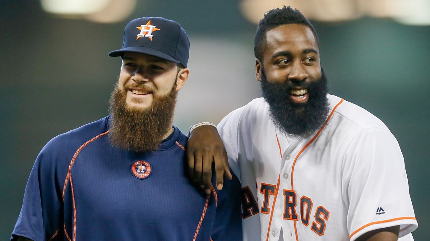 Which Houston sports star has the best beard? Astros pitcher Dallas Keuchel, left, laughs with the Rockets' James Harden after Harden threw out the ceremonial first pitch at an Astros game on Wednesday, September 23.