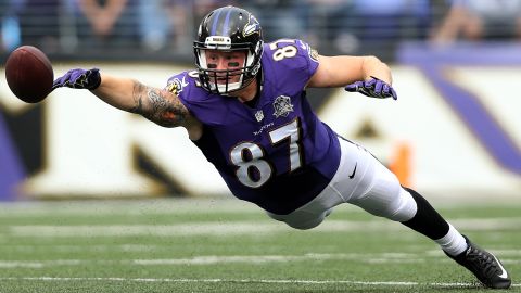 Baltimore tight end Maxx Williams just misses a catch during a home game against Cincinnati on Sunday, September 27.