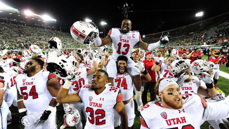 Utah running back Monte Seabrook sits on the shoulders of Salesi Uhatafe after the Utes blew out Oregon 62-20 on Saturday, September 26. <a href="index.php?page=&url=http%3A%2F%2Fwww.cnn.com%2F2015%2F09%2F22%2Fsport%2Fgallery%2Fwhat-a-shot-sports-0922%2Findex.html" target="_blank">See 34 amazing sports photos from last week</a>