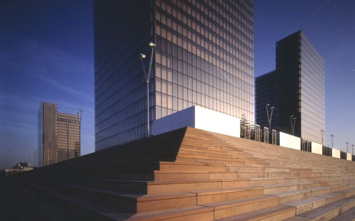 Perrault's French National Library in Paris was completed in 1995. The building is made up of four 79-meter high towers that were designed to look like  open books.