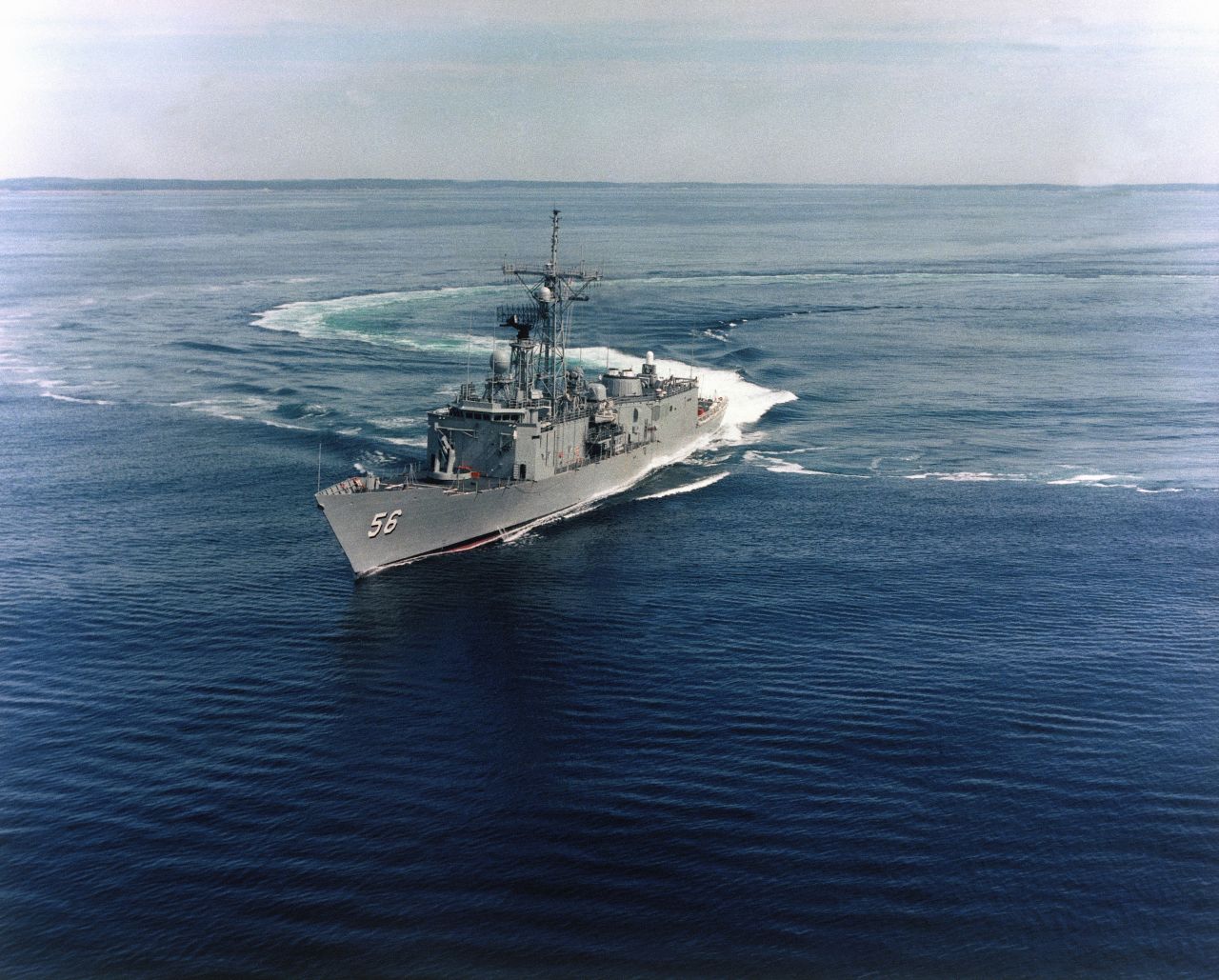 The guided-missile frigate USS Simpson floats off the coast of New England prior to its commissioning in 1985. The Simpson, the last U.S. Navy frigate, will be decommissioned on September 29.