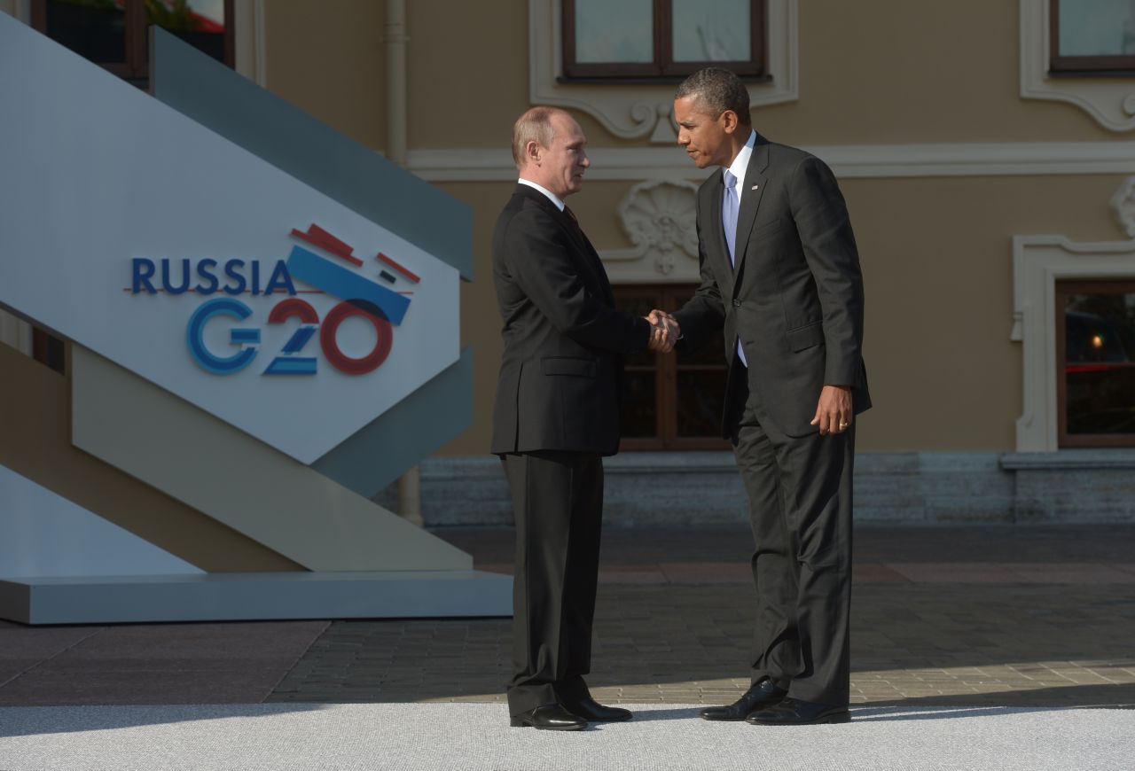 Putin greets Obama at the G-20 summit on September 5, 2013 in St. Petersburg, Russia. The United States and Russia have been squaring off over the bloody civil war in Syria.