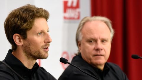 Romain Grosjean alongside his new Formula One boss Gene Haas in North Carolina