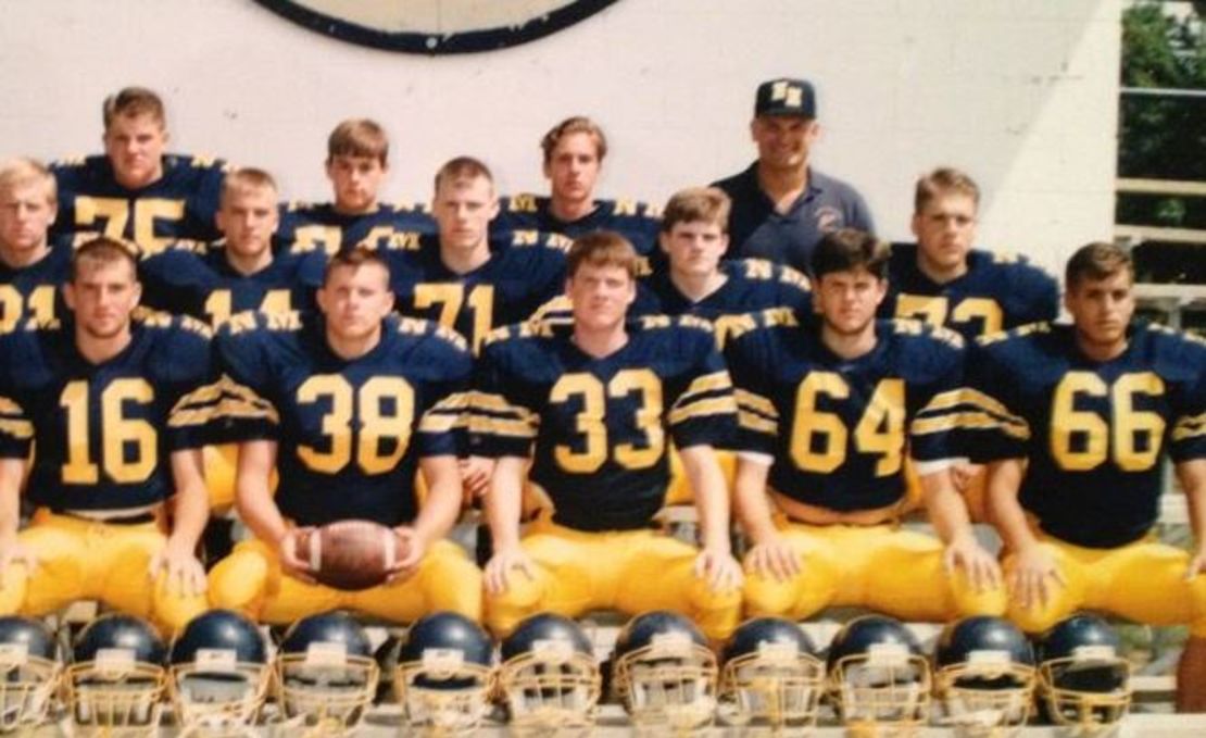 Danny Cevallos, far right first row, in North Muskegon High School's football team in Michigan, 1992. Coach Ed Schroeder, far right third row, was a terrific role model for the students.   