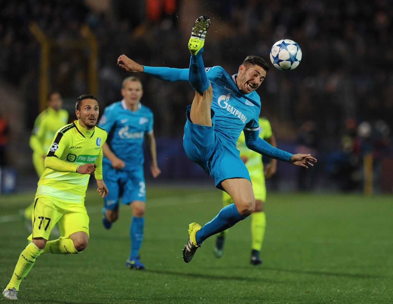 Zenit's Spanish midfielder Javi Garcia makes a spectacular attempt to clear the ball during the Group H victory at home to Belgium's Gent.