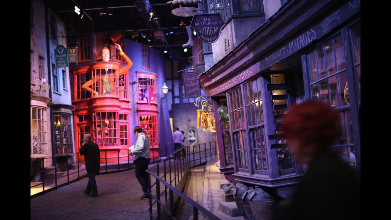 Visitors can walk down Diagon Alley, the wizarding shopping street district. 