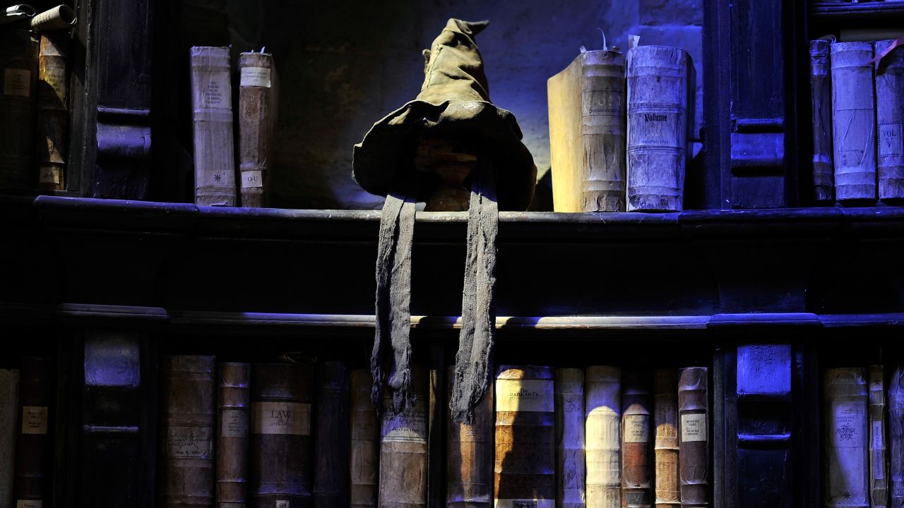 The Sorting Hat sits on a shelf in Dumbledore's office. It makes its appearance at the Great Hall to decide where new students will live at school. 