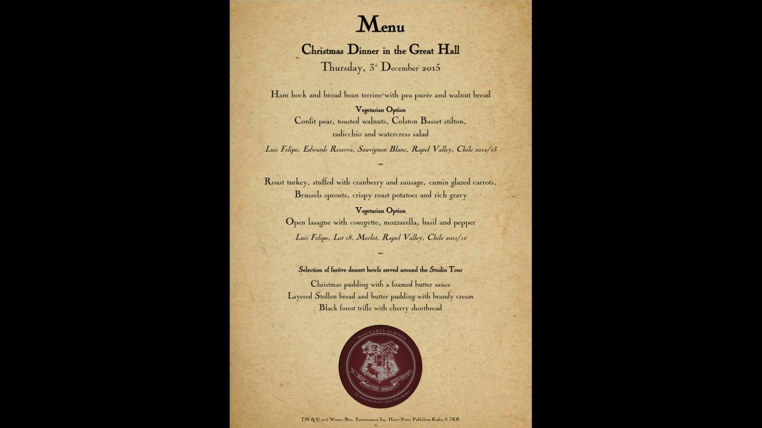 The menu at the Hogwarts Christmas dinner. 