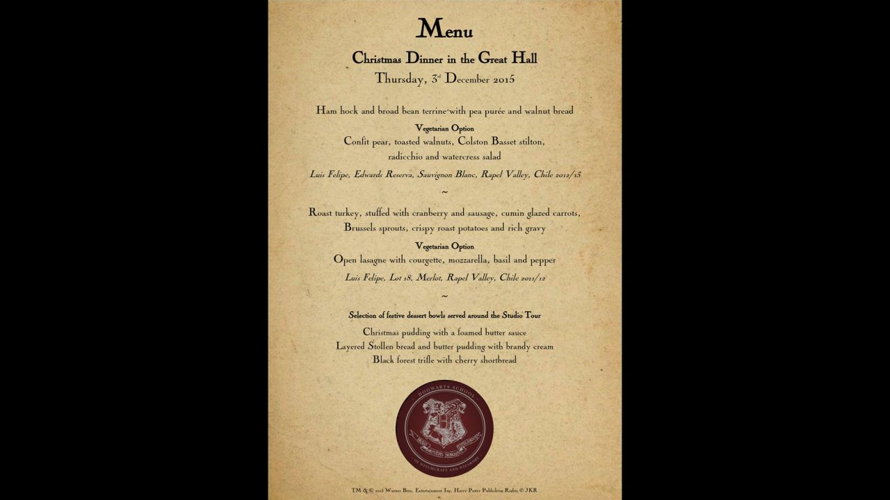 The menu at the Hogwarts Christmas dinner. 