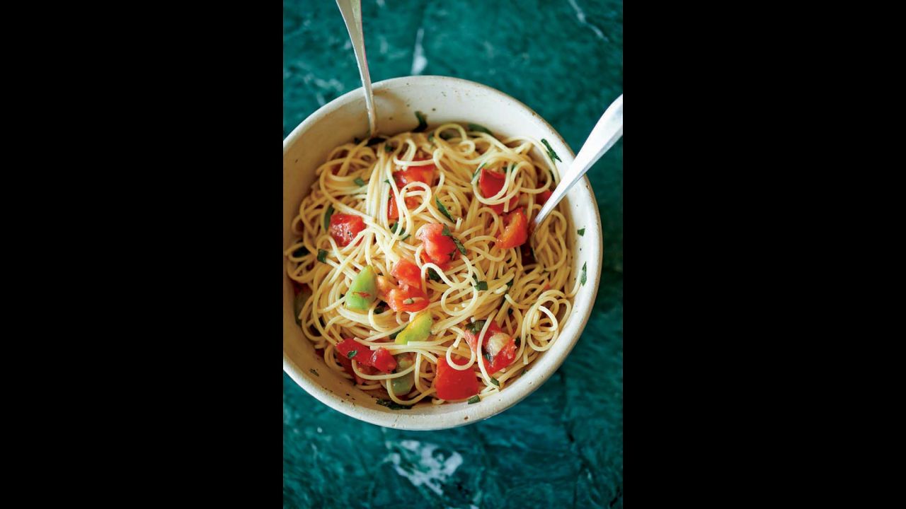 This dish, simply titled "painless pasta for three," combines mozzarella di bufala, garlic, basil, tomatoes and olive oil. 