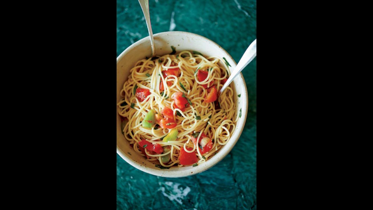 This dish, simply titled "painless pasta for three," combines mozzarella di bufala, garlic, basil, tomatoes and olive oil.